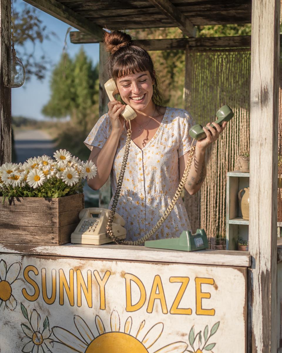 A small-business owner laughing behind a sunlit hand-painted roadside stand while both phones ring at once